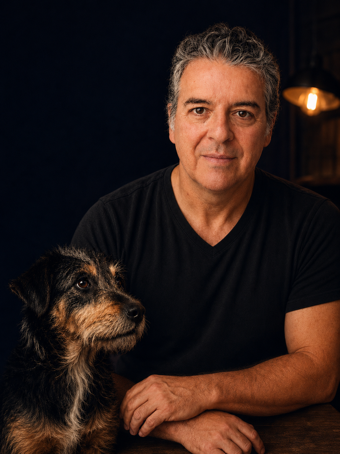 Viktor Larkhill junto a un perro rescatado